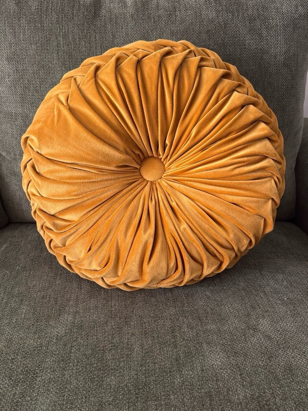 Round Pleated Velvet Throw Pillow in Mustard